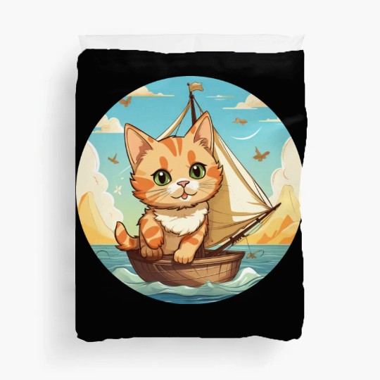 Sailing Cat on Sailboat, Sunset Animal Design Duvet Covers