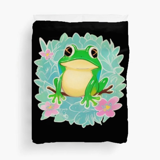 Cute Little Tree Frog on a Floral background Duvet Covers