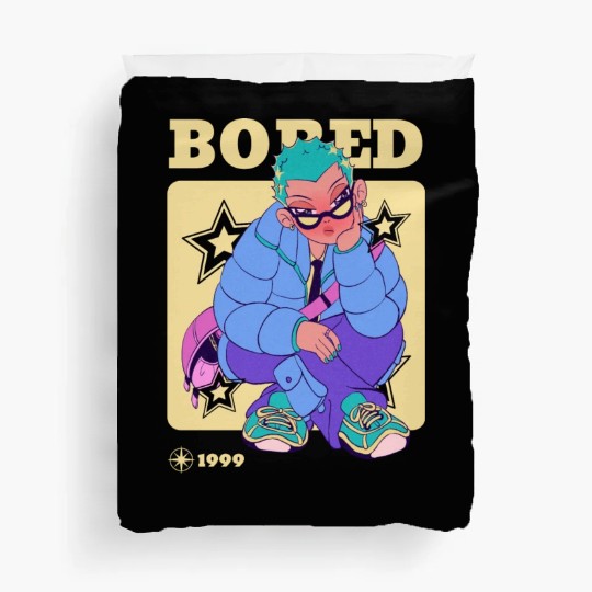 Black Cream Blue Y2K Anime Illustrated Bored Duvet Covers