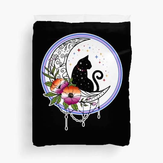 Galaxy Cat and Flowers in Lesbian Flag Colors Duvet Covers
