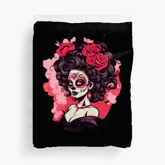 Dia de los muertos woman sugar skull with flowers Duvet Covers