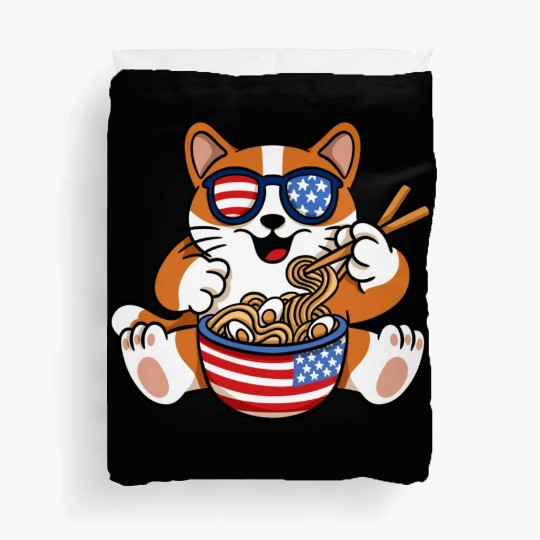 American Flag Cat Eating Ramen Food Lover Design Duvet Covers