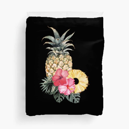 Pineapple With Pink Hibiscus And Tropical Leaves Duvet Covers