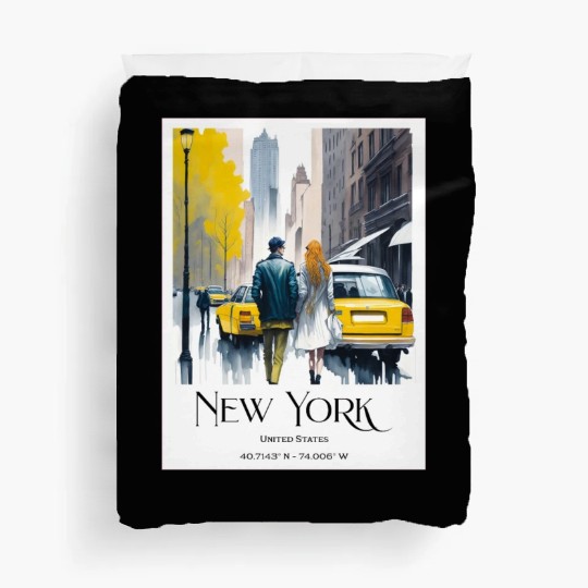 Watercolor painting loving couple in New York City Duvet Covers