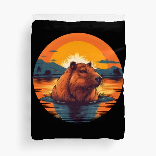 Sunset Serenity: Rustic Capybara Stripe Illustrate Duvet Covers