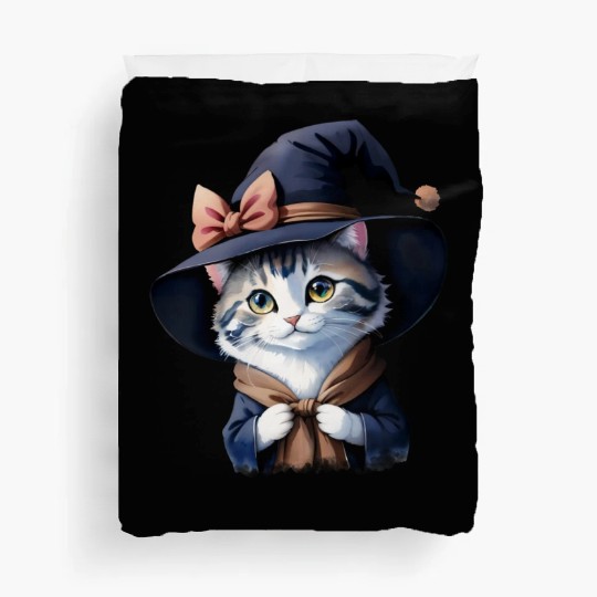 Cute Watercolor Witch Cat Duvet Covers