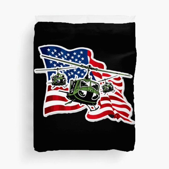US Army UH 1 With US Flag Duvet Covers