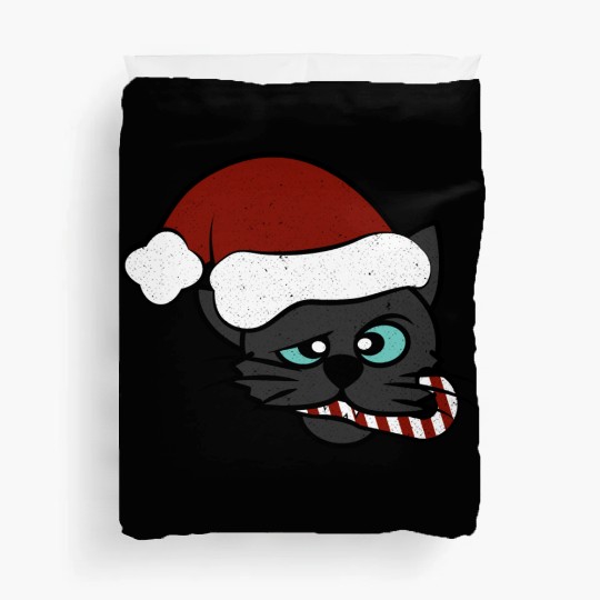 Christmas Black Cat Eating Candy Cane Duvet Covers
