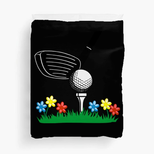 Golf stick and ball on grass field with flowers Duvet Covers