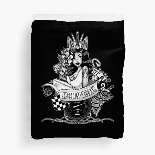 Pin up, Hot rod and Speedometer, black and white Duvet Covers