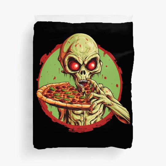Green Alien with Pizza: Halloween Fast-Food Fun Duvet Covers
