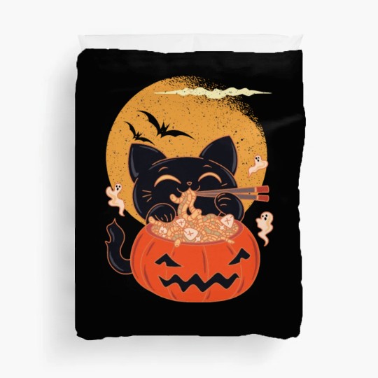 Kawaii Creepy Cat Eating Ramen Noodles Halloween Duvet Covers