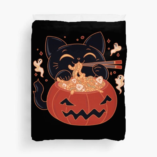 Kawaii Creepy black Cat Eating Ramen Noodles Duvet Covers