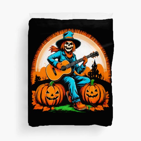 Happy Halloween scarecrow plays guitar Duvet Covers