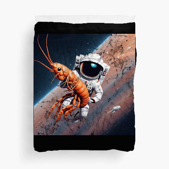Astronaut in space with shrimp Duvet Covers