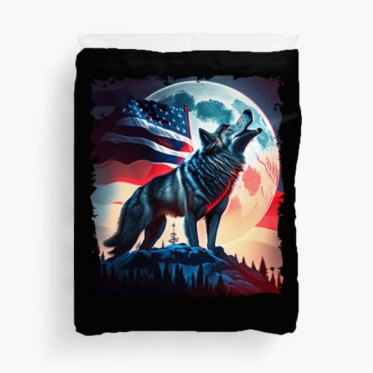 America wolf under Moon with American Flag Duvet Covers