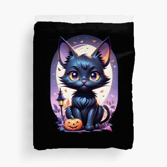 Black Cat With a jack-o-lantern Halloween Design Duvet Covers