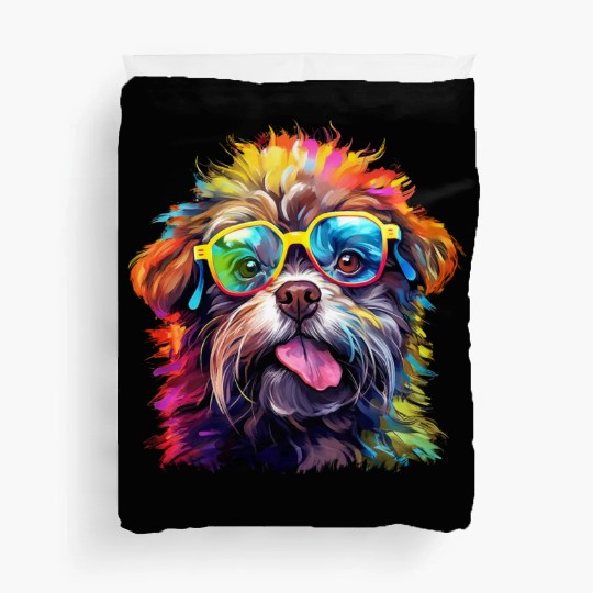 Cute Dog with Colorful Glasses shows Tongue Duvet Covers