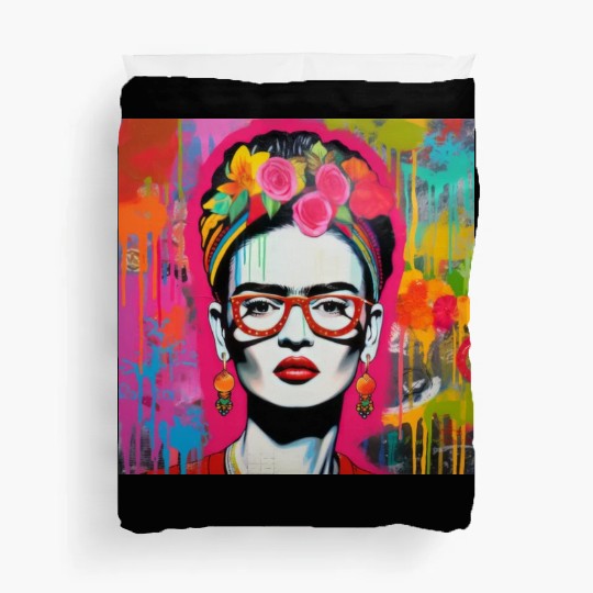 Frida Kahlo style urban art colorfull graffiti Duvet Covers