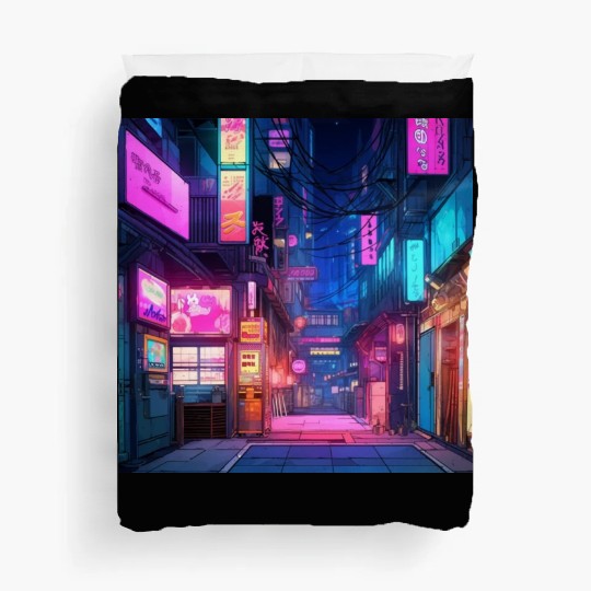Anime-Inspired Tokyo Street Digital Art - Vibrant Duvet Covers