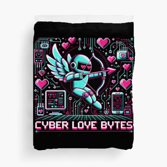 Cyber Love Bytes 8bit Cupid Robot and Neon Hearts Duvet Covers