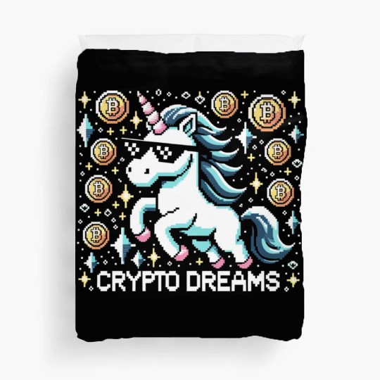 Crypto Dreams - 8-bit Unicorn Amidst Digital Coins Duvet Covers