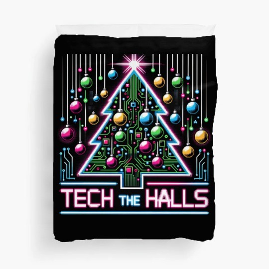 Tech the Halls - Christmas Tree in 8-bit Neon Duvet Covers