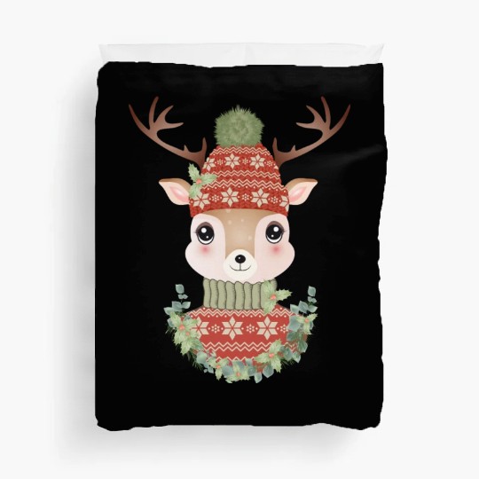 cute deer with sweater and Christmas wreath Duvet Covers