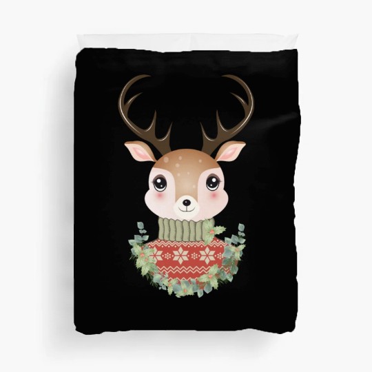 cute deer with sweater and Christmas wreath Duvet Covers