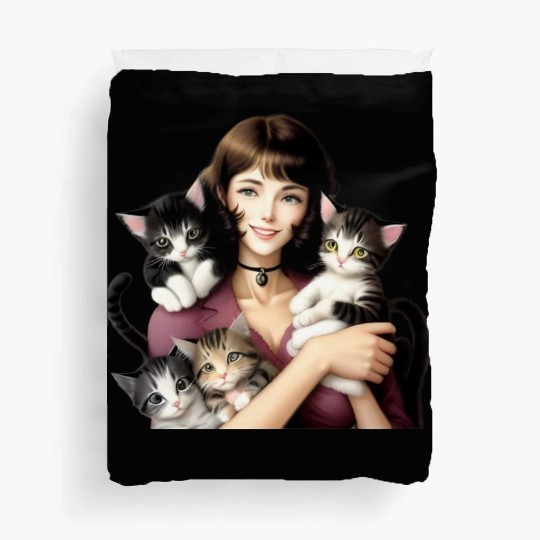 Pretty Cat Lady with Cute Kittens Duvet Covers