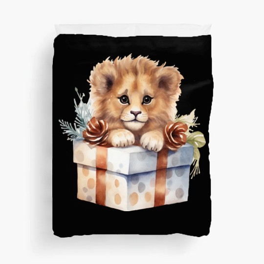 African Lion inside a Christmas gift box Duvet Covers