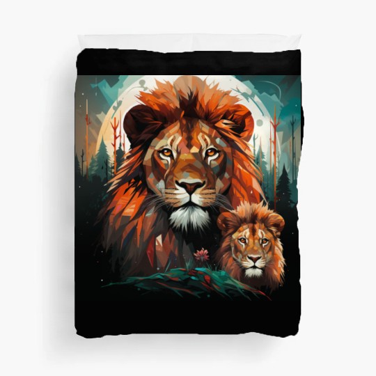 Geometric Lion Mother and Lion Cub in the Forest Duvet Covers