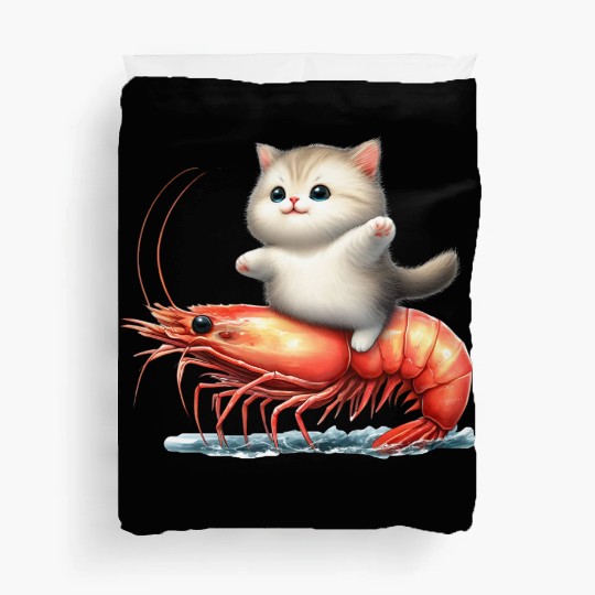 Cat rides on shrimp Duvet Covers