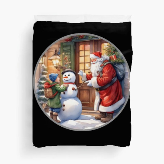 Santa Claus and a snowman distributes gifts. Duvet Covers