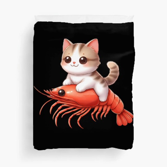Cat rides on shrimp Duvet Covers