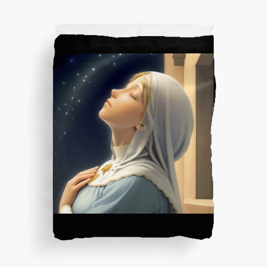 Virgin Mother Mary Praying on a Starry Night Duvet Covers