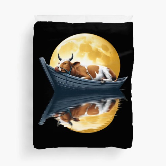 Sleeping cow in boat under the moon Duvet Covers