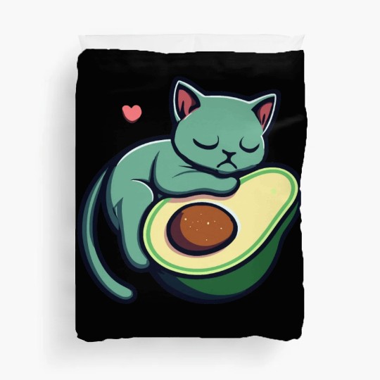 Green Cat Sleeping On An Avocado With Heart Duvet Covers
