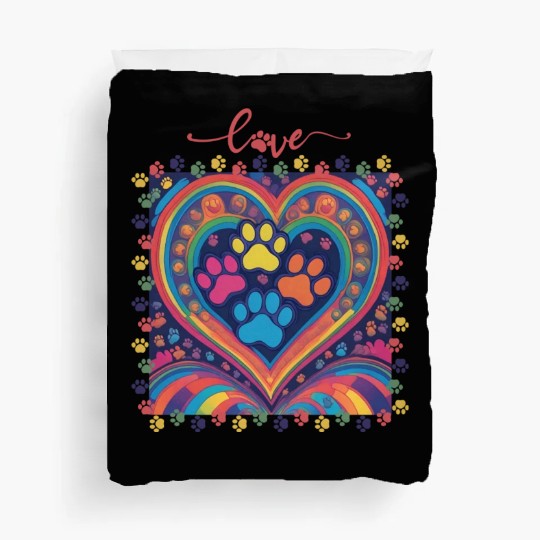 Rainbow Heart Love paw prints Duvet Covers