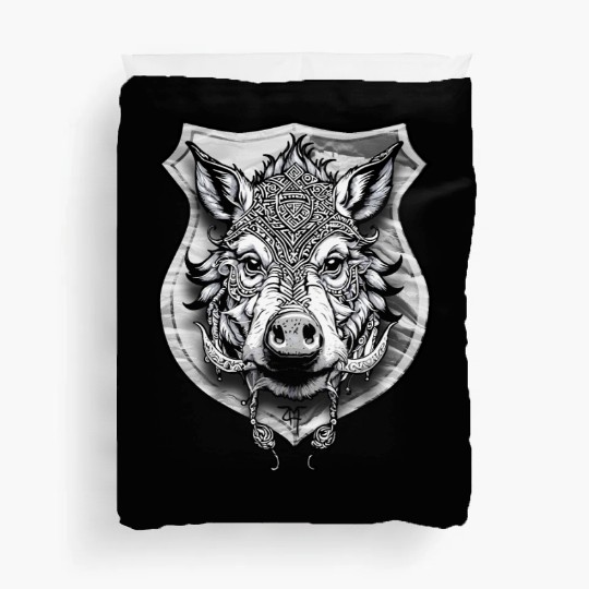 shield with wild boar head - DIGITAL - grayscale Duvet Covers