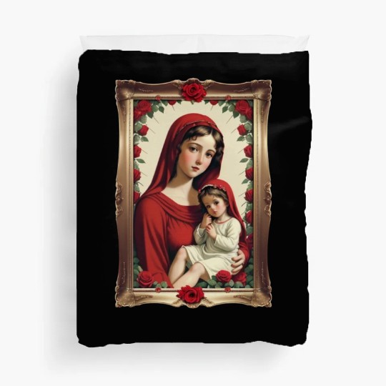 Mother Mary and Baby Jesus in a Frame with Roses Duvet Covers