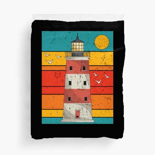 Retro full moon sea gift lighthouse Duvet Covers