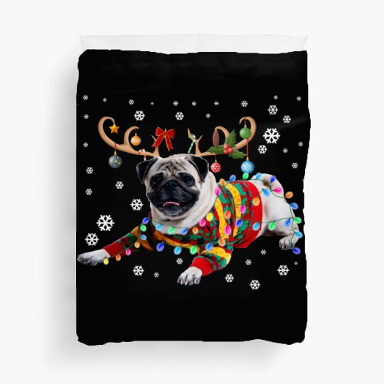 Funny Pug Dog Christmas Reindeer Christmas Lights Duvet Covers