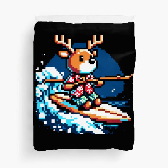Surfing Reindeer: 8-Bit Holiday Wave Duvet Covers