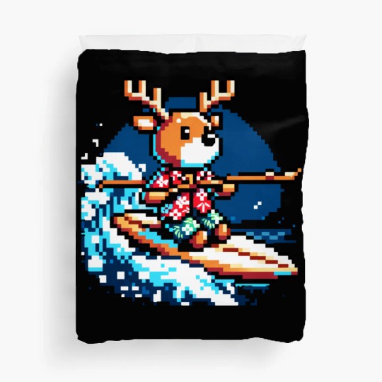 Surfing Reindeer: 8-Bit Holiday Wave Duvet Covers