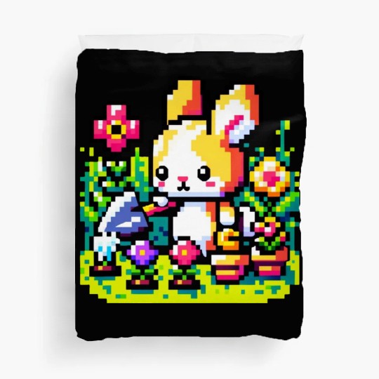 8-Bit Bunny Gardener: Retro Digital Garden Scene Duvet Covers