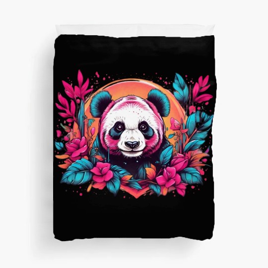 Retro panda with neon nature floral vintage sunset Duvet Covers