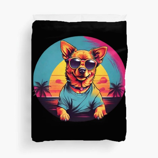Retro dog wearing sunglasses - Neon sunset Duvet Covers