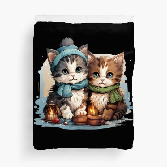 chubby kittens in Christmas stockings hanging Duvet Covers