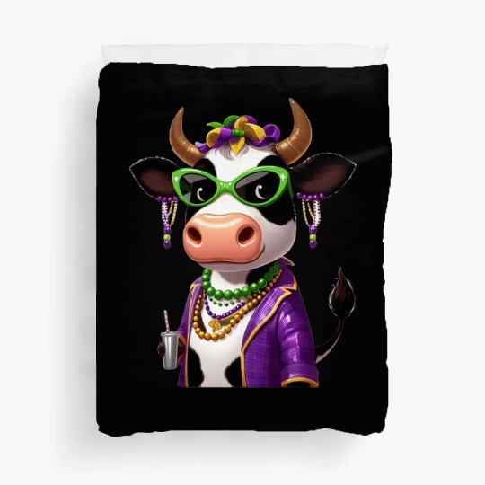 Mardi Gras celebrating cow Duvet Covers
